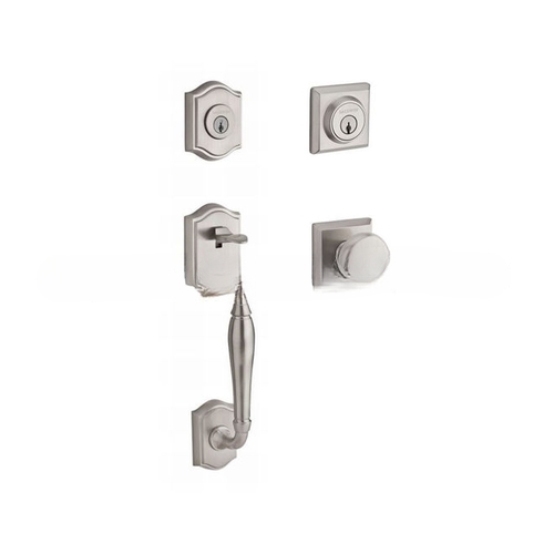 Double Cylinder Westcliff Handleset with Round Knob and Traditional Square Rose with 6AL Latch and Dual Strike Satin Nickel Finish