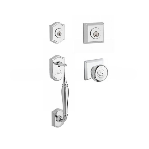 Double Cylinder Westcliff Handleset with Traditional Knob and Traditional Square Rose with 6AL Latch and Dual Strike Bright Chrome Finish