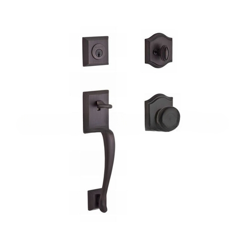 Single Cylinder Napa Handleset Round Knob and Traditional Arch Rose with 6AL Latch and Dual Strike Venetian Bronze Finish