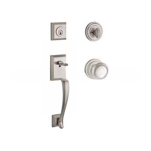 Single Cylinder Napa Handleset Traditional Knob and Traditional Round Rose with 6AL Latch and Dual Strike Satin Nickel Finish