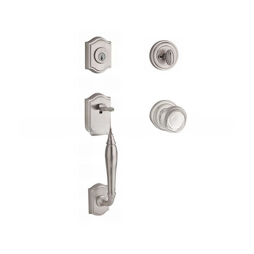 Single Cylinder Westcliff Handleset Traditional Knob and Traditional Round Rose with 6AL Latch and Dual Strike Satin Nickel Finish