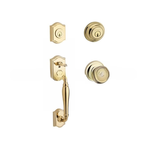 Double Cylinder Westcliff Handleset with Traditional Knob and Traditional Round Rose with 6AL Latch and Dual Strike Lifetime Brass Finish