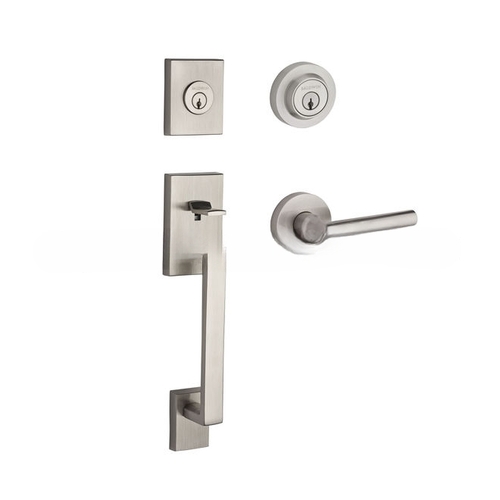 Double Cylinder La Jolla Handleset with Tube Lever and Contemporary Round Rose with 6AL Latch and Dual Strike and SmartKey Satin Nickel Finish