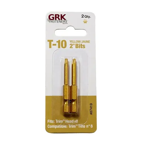 GRK Fasteners 87419 Drive Bit, T10 Drive, Star Drive, 2 in L, 2/PK Yellow - pack of 2