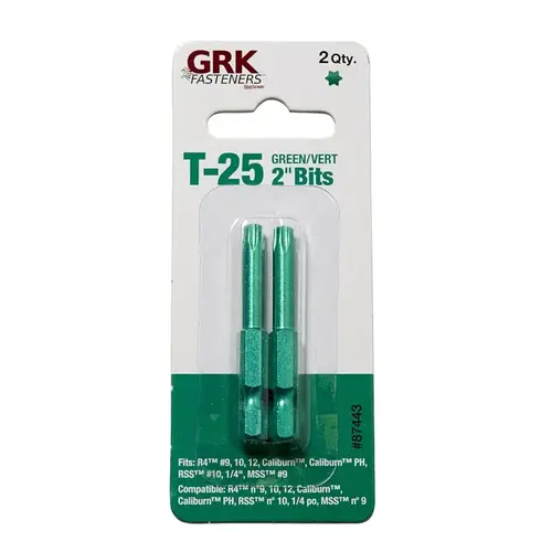 GRK Fasteners 87443 Drive Bit, T25 Drive, Star Drive, 2 in L, Metal Green - pack of 2