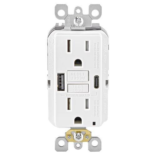 Outlet and USB Charger 15 amps 125 V GFCI White 5-15 R White