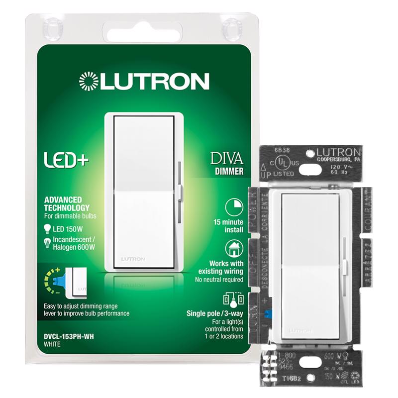 Lutron DVCL-153PH-WH Diva C.L Dimmer, 120 V, 150 W, CFL, Halogen, Incandescent, LED Lamp, 3-Way, White