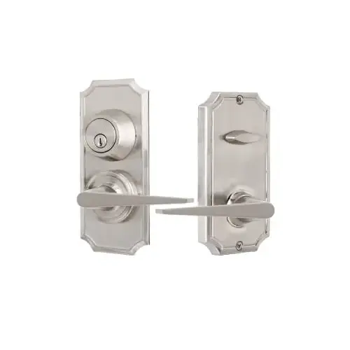 Unigard Premiere Interconnected Entry with Urbana Lever with 2-3/8" Latch and Round Corner Strikes Satin Nickel Finish