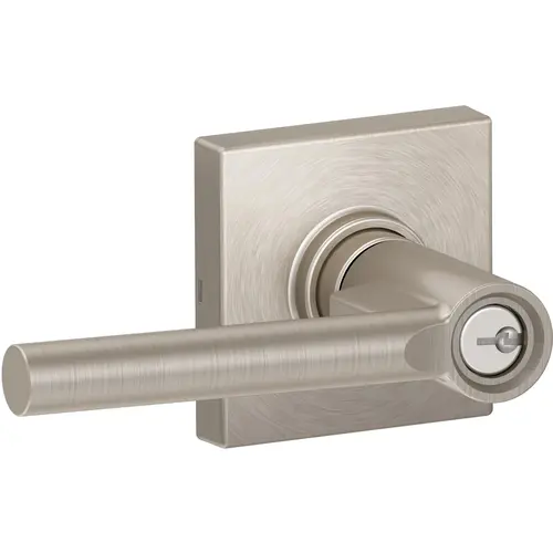 Broadway Lever with Collins Rose Entry Lock with C Keyway, Adjustable Latch, and Radius Strike Satin Nickel Finish