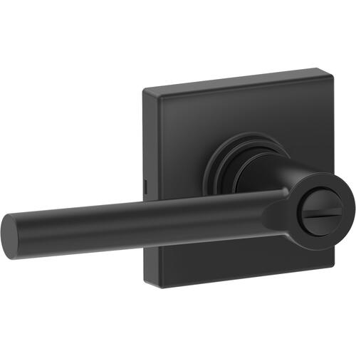 Broadway Lever with Collins Rose Privacy Lock with Adjustable Latch and Radius Strike Matte Black Finish