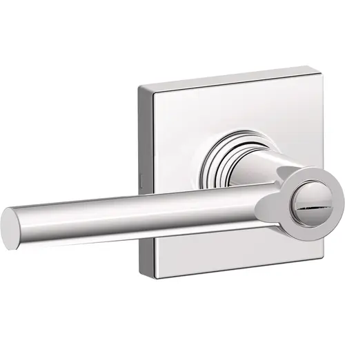 Broadway Lever with Collins Rose Privacy Lock with Adjustable Latch and Radius Strike Bright Chrome Finish