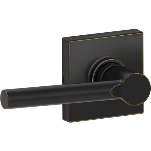 Broadway Lever with Collins Rose Passage Lock with Adjustable Latch and Radius Strike Aged Bronze Finish