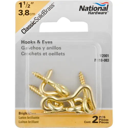 V2001 1-1/2" Hook & Eye Solid Brass Finish - pack of 10