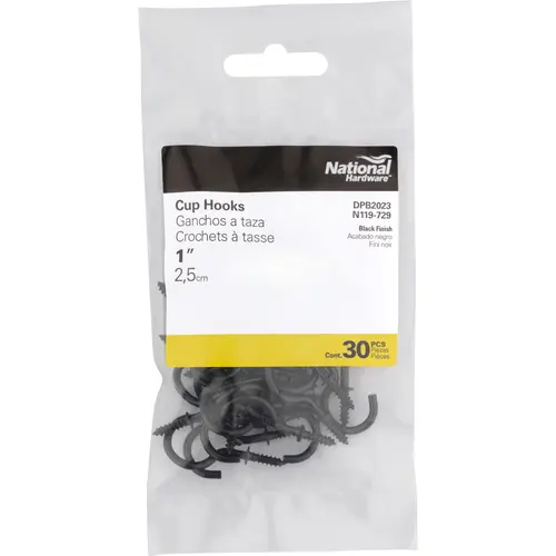 Cup Hook, Black Vinyl-Coated, 1 In   pack of 30