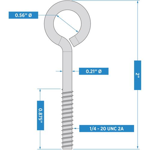 MP2160B 1/4" x 2" Eye Bolt Zinc Plated Finish