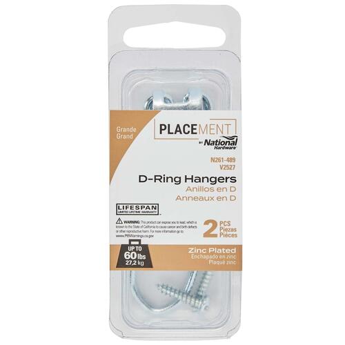 V2527-L2-7/32" D-Ring Hangers, - pack of 2 - Zinc