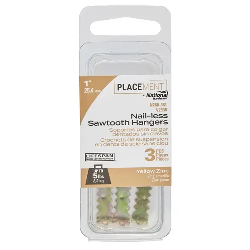 V2538-1 1" Sawtooth Picture Hangers with 5 lb. Weight Capacity, - pack of 3 - Yellow