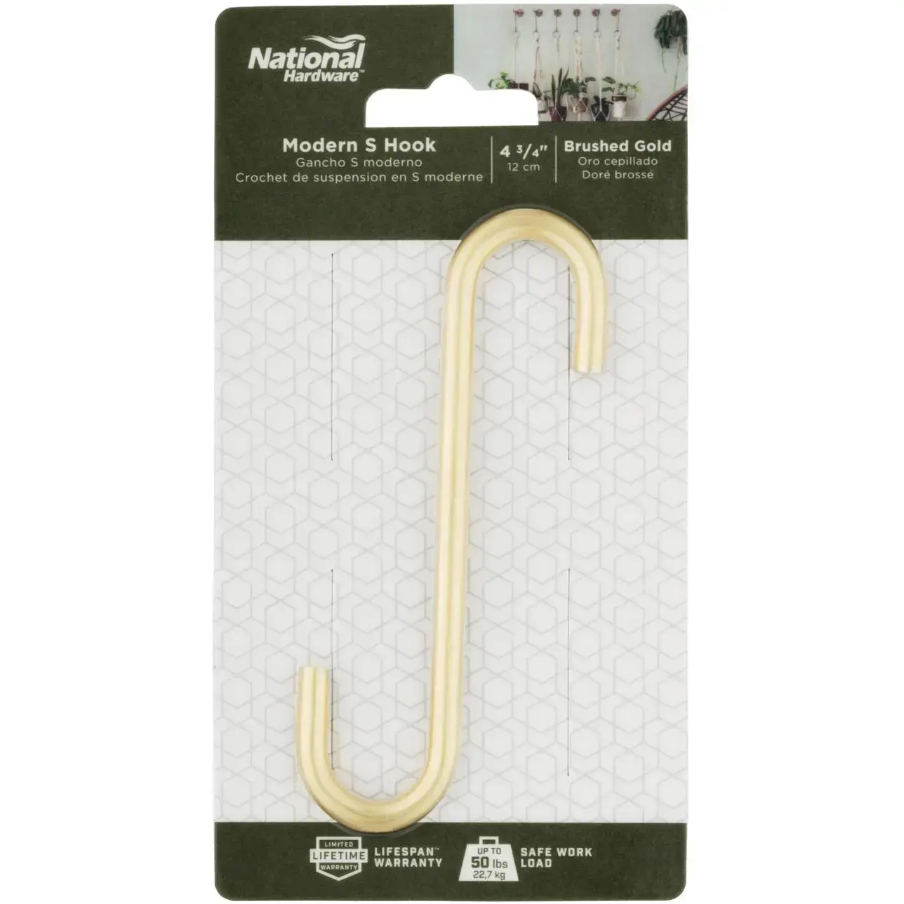 National Hardware S Hook 4-3/4 Inch - Brushed Gold Plant Hanger For Indoor & Covered Outdoor Use