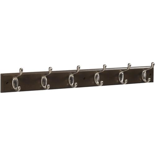 DPV8170 27" x 2-3/4" x 3/5" Hookrail with 6 Coat Hooks - Satin Nickel with Dark Brown Rail