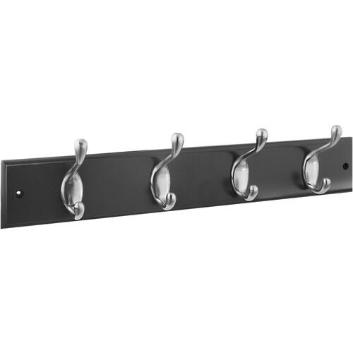 DPV8170 18" x 2-3/4" x 5/8" Hookrail with 4 Coat Hooks - Satin Nickel with Black Rail