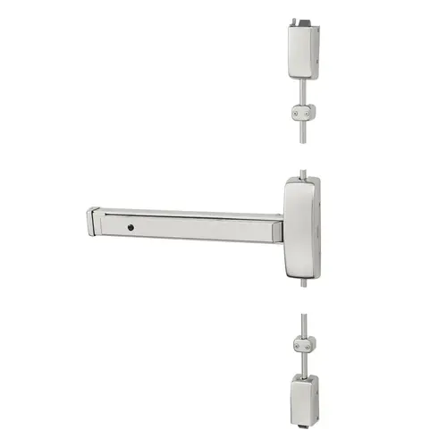 Grade 1 Surface Vertical Rod Exit Device, Wide Stile Pushpad, 32" Device, 120" Door Height, Device to Accept Electrified Trim Function, E Non-Keyed Electric Lever, Fail Secure, Hex Key Dogging, Less Lexan Push Pad Touchbar, Bright Stainless Steel Finish, Left Hand Reverse