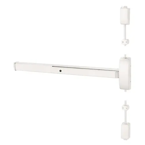 Grade 1 Surface Vertical Rod Exit Device, Wide Stile Pushpad, 42" Device, 120" Door Height, Storeroom Function, P Freewheeling/Vandal Resistant Lever, Hex Key Dogging, Less Lexan Push Pad Touchbar, White Suede Powder Coat Finish, Right Hand Reverse