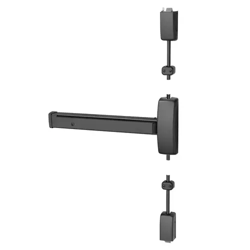 Grade 1 Surface Vertical Rod Exit Device, Wide Stile Pushpad, 32" Device, 120" Door Height, Storeroom Function, A Freewheeling/Vandal Resistant Lever, Hex Key Dogging, Less Lexan Push Pad Touchbar, Black Suede Powder Coat Finish, Left Hand Reverse