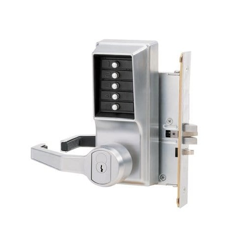 Left Hand Reverse Mechanical Pushbutton Lever Mortise Combination Entry Passage Lockout with Key Override, Schlage Prep Satin Chrome Finish