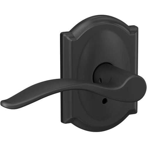 Pennant Lever with Camelot Rose Passage and Privacy Lock with 16600 Latch and 10027 Strike Matte Black Finish