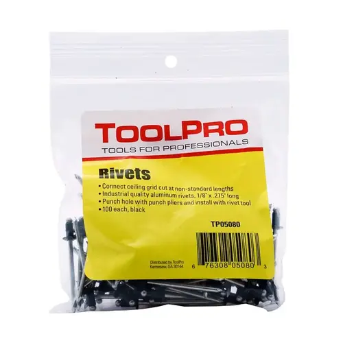 ToolPro TP05080 Pull Rivet, 0.275 in L, Aluminum, 1/8 in Head Black - pack of 100