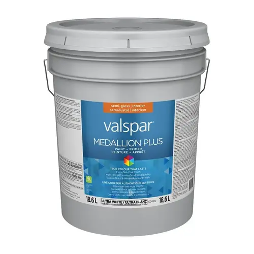 Interior Paint and Primer, Acrylic, Semi-Gloss, Ultra White, 5 gal, 37 sq-m Coverage Area