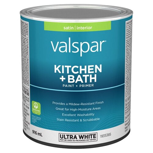 Kitchen and Bath Interior Paint and Primer, Satin, Ultra White, 1 qt