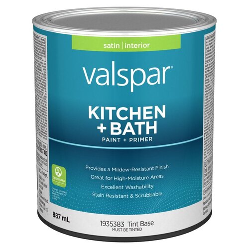 Kitchen and Bath Interior Paint and Primer, Satin, Tint Base, 1 qt