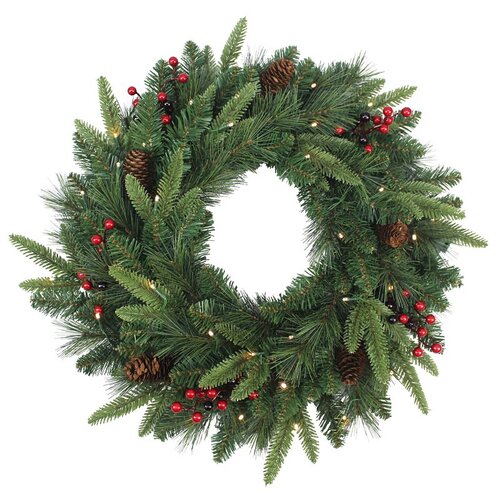 PULEO ASIA LIMITED 333-4463-W24LW Pre-Lit Pacific Fir Wreath, B/O, 24 in Green