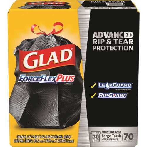 GLAD 70358 Forceflexplus Drawstring Large Trash Bags, 30 Gallon, Black