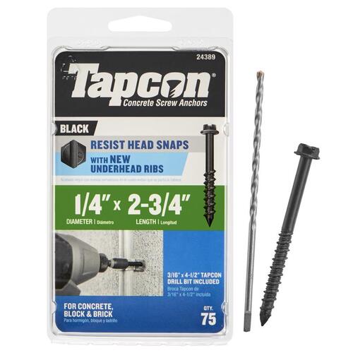 Tapcon 24389 Concrete Screws 1/4" X 2-3/4" L Hex Drive Hex Head High/Low Black