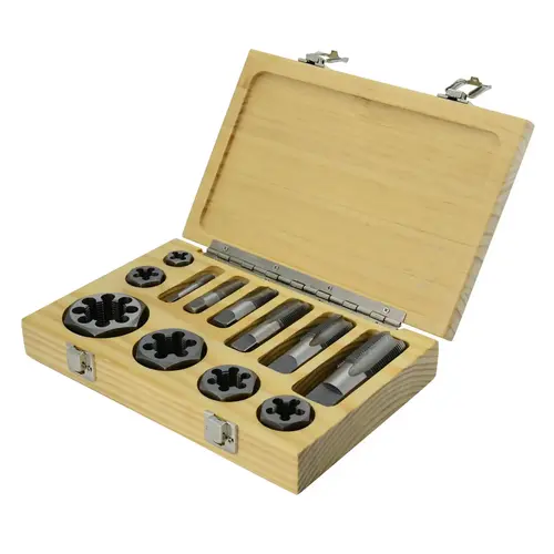 Set 12 Piece Carbon Steel NPT Pipe Tap and Die Set 1/8" 1/4" 3/8" 1/2" 3/4" and 1" in Wooden Case Uncoated (Bright)
