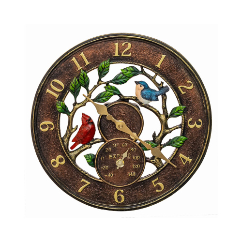 Outdoor Wall Clock & Thermometer, 3D Birds, 12 In.