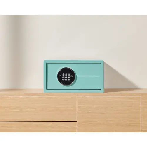 Safe, MyCube Mini Blue Steel, Teal blue keypad High-gloss designer finish, with reinforced steel walls and tamper-proof door bolts