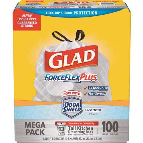 GLAD 70427 ForceFlexPlus 13 Gal. White Tall Kitchen Drawstring Trash Bags - pack of 100