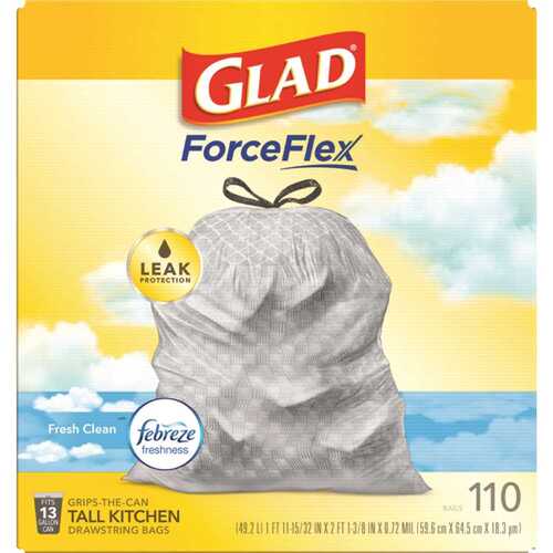 GLAD 78563 Forceflex Tall Drawstring Bag 1 Gal Clean Scent Febreze