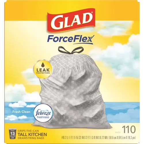 GLAD 78563 Forceflex Tall Drawstring Bag 1 Gal Clean Scent Febreze