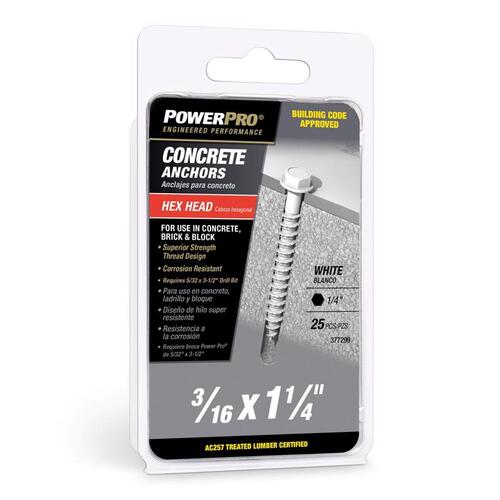 Concrete Screw Anchor Power Pro 3/16" D X 1-1/4" L Carbon Steel Hex Head White Epoxy Coated