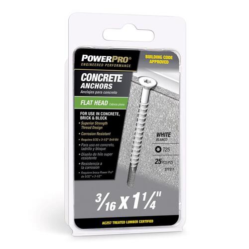 Concrete Screw Anchor Power Pro 3/16" D X 1-1/4" L Carbon Steel Flat Head White Epoxy Coated