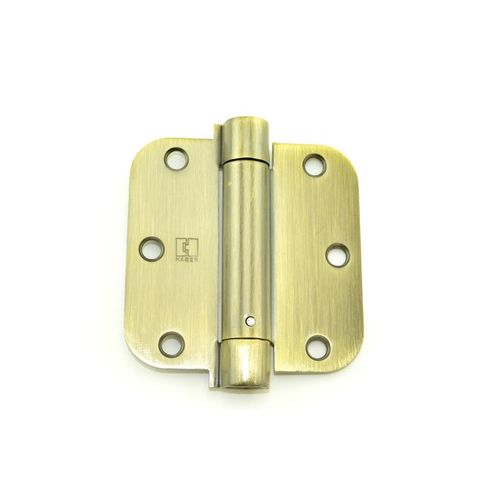 3-1/2" x 3-1/2" 5/8" Radius Corner Steel Full Mortise Residential Spring Hinge, # 004257 Antique Brass Finish