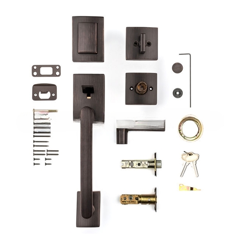 Prestige Complete Single Cylinder Spyglass Handleset with Spyglass Lever and Square Rose Trim with RCAL Latch; RCS Strike; and SmartKey Venetian Bronze Finish