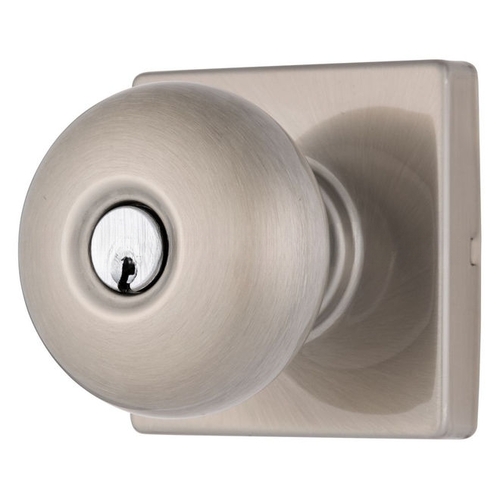 Mendocino Series Keyed Entry Contemporary Ball Knob and Square Rose with 4 Way Adjustable Latch and Round Corner Full Lip Strike Satin Nickel Finish