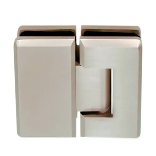 Heavy Duty Glass to Glass 180 Woodstock Radius Corner Bevelled Edge Hinge Brushed Nickel