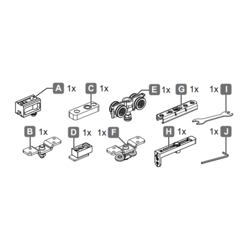 Folding Wall Fitting, Slido W-Fold32 100T, set Basic set Corner suspension, Center suspension With pivot bearing at top and bottom Running track: Aluminum Guide track: Aluminum Running gear: Steel Roller: Plastic, Silver colored, anodized