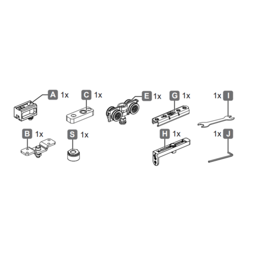 Folding Wall Fitting, Slido W-Fold32 100T, set Basic set Corner suspension, Center suspension With top pivot bearing and point bearing with adjustable sleeve at bottom Running track: Aluminum Guide track: Aluminum Running gear: Steel Roller: Plastic, Silver colored, anodized